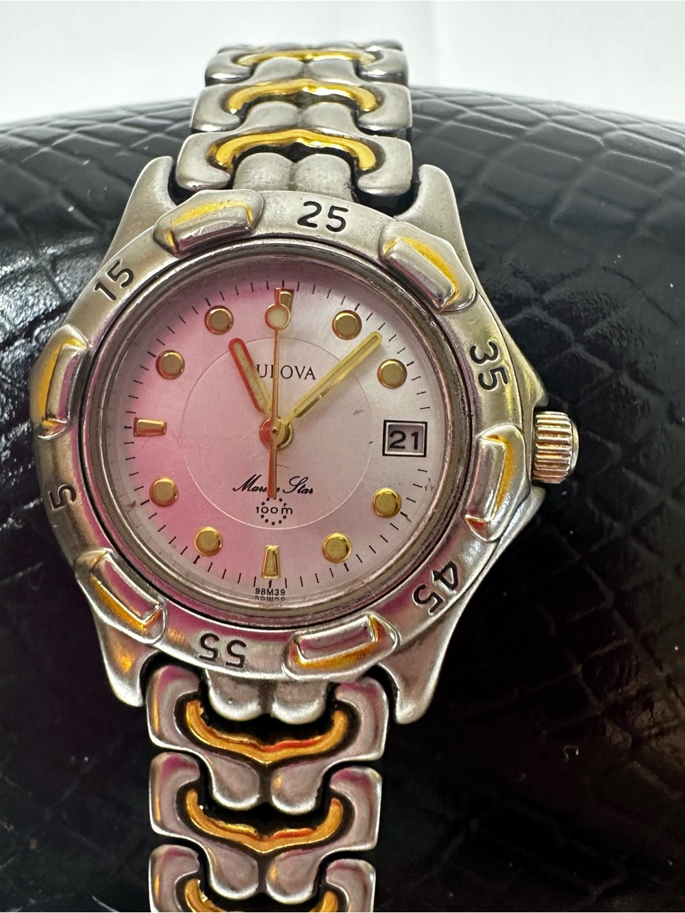 Bulova Pink Dial Two-Tone Silver and Gold Working Bracelet Watch